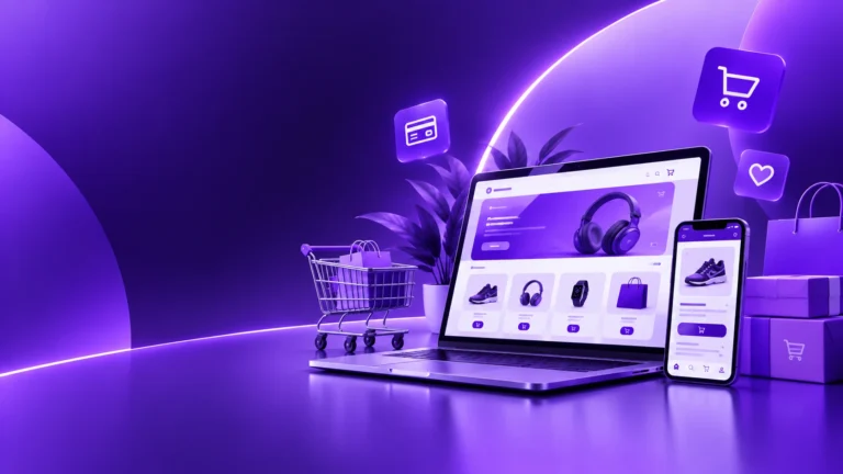 E-commerce futurista en tonos púrpura